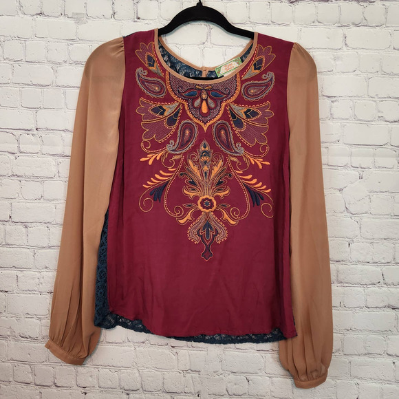 Flying Tomato Women's Boho Embroidered Long Sheer sleeve Lace Back Blouse M - Picture 1 of 8